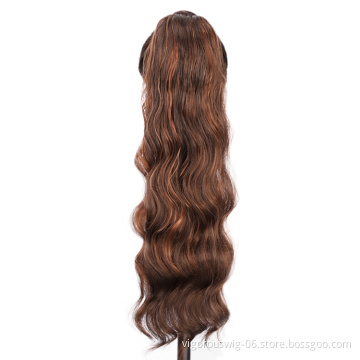 Vigorous High Quality Wavy Mixed Brown Machine Made For Daily Cosplay Magic Paste Drawstring Synthetic Ponytail Hair Extension